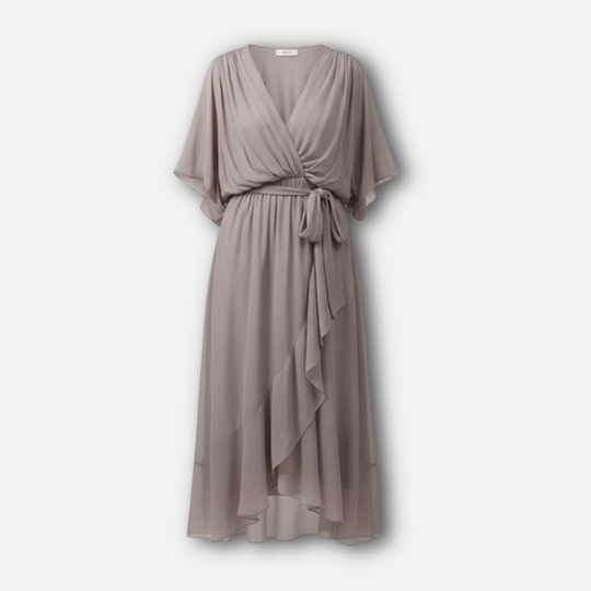 Fließendes Chiffon-Midi-Kleid mit V-Ausschnitt und Bindegürtel für Damen