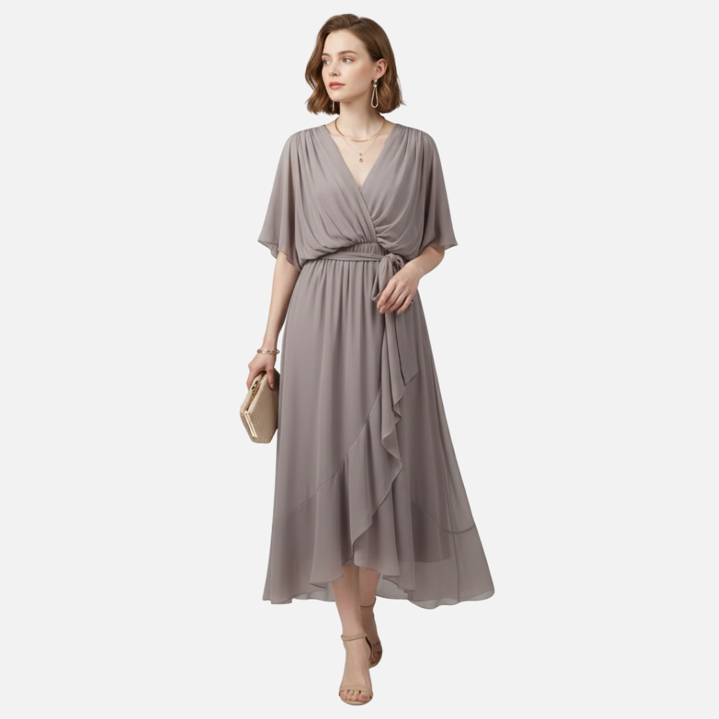 Fließendes Chiffon-Midi-Kleid mit V-Ausschnitt und Bindegürtel für Damen