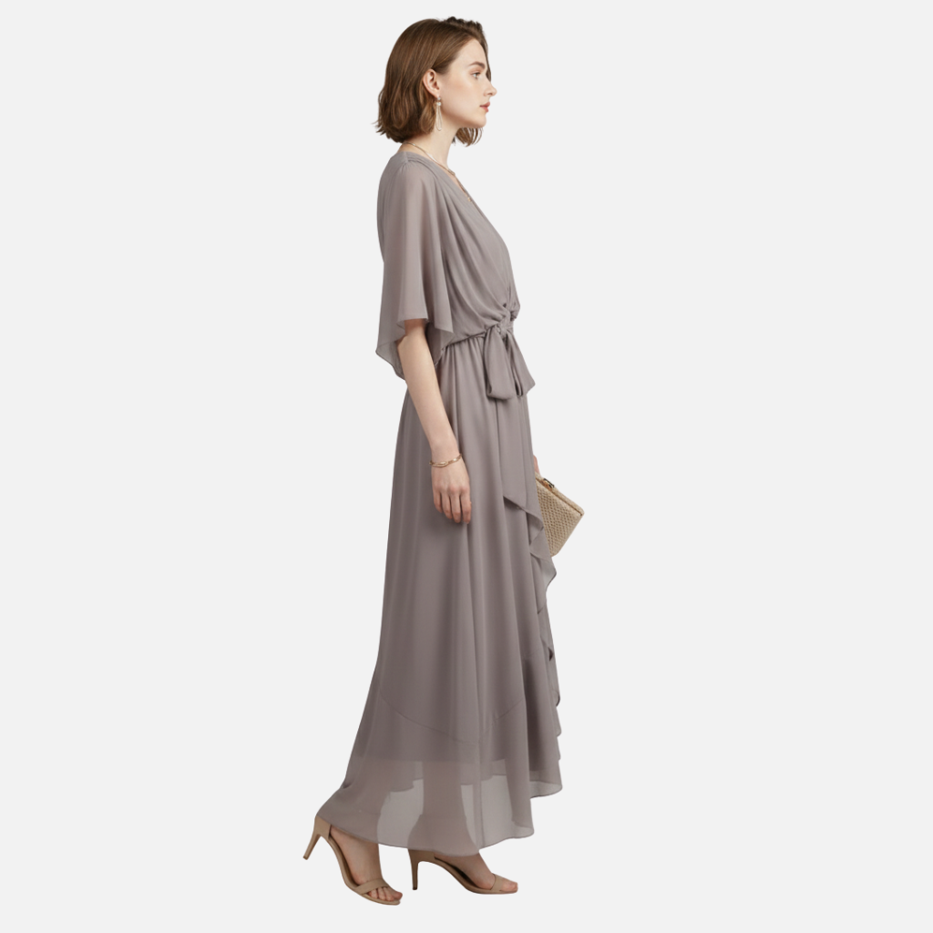 Fließendes Chiffon-Midi-Kleid mit V-Ausschnitt und Bindegürtel für Damen