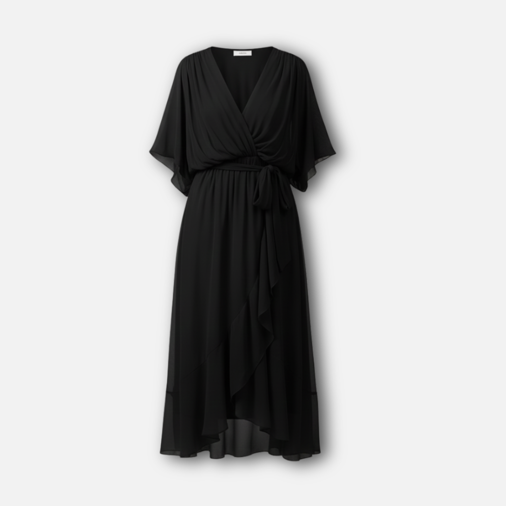 Fließendes Chiffon-Midi-Kleid mit V-Ausschnitt und Bindegürtel für Damen