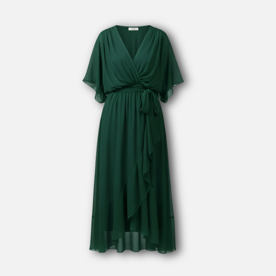 Fließendes Chiffon-Midi-Kleid mit V-Ausschnitt und Bindegürtel für Damen