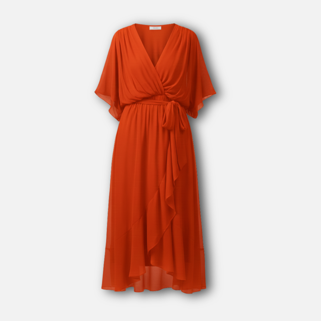 Fließendes Chiffon-Midi-Kleid mit V-Ausschnitt und Bindegürtel für Damen