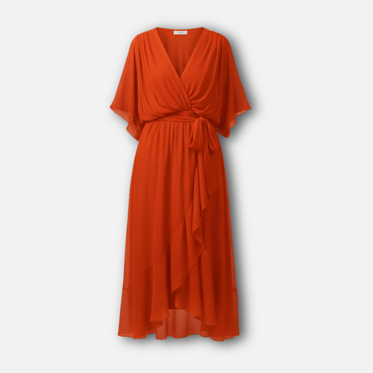 Fließendes Chiffon-Midi-Kleid mit V-Ausschnitt und Bindegürtel für Damen