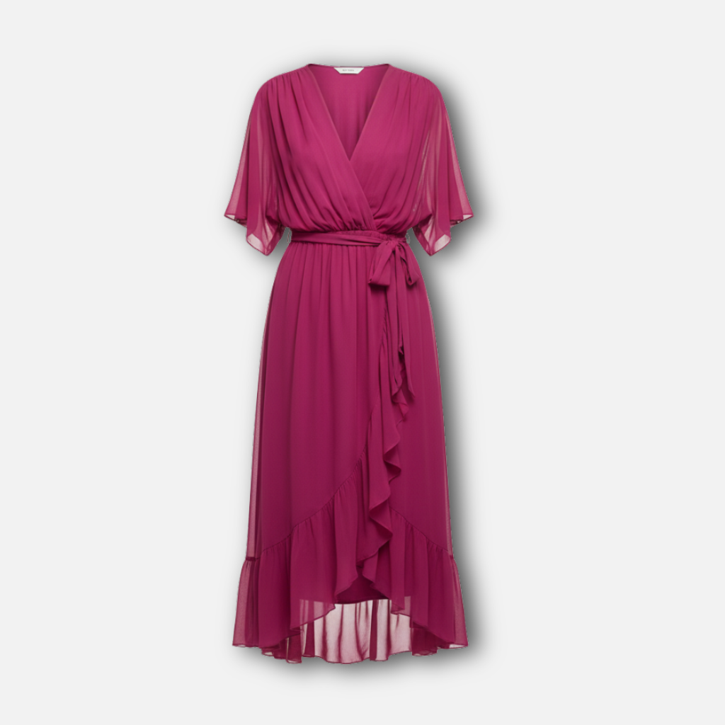 Fließendes Chiffon-Midi-Kleid mit V-Ausschnitt und Bindegürtel für Damen