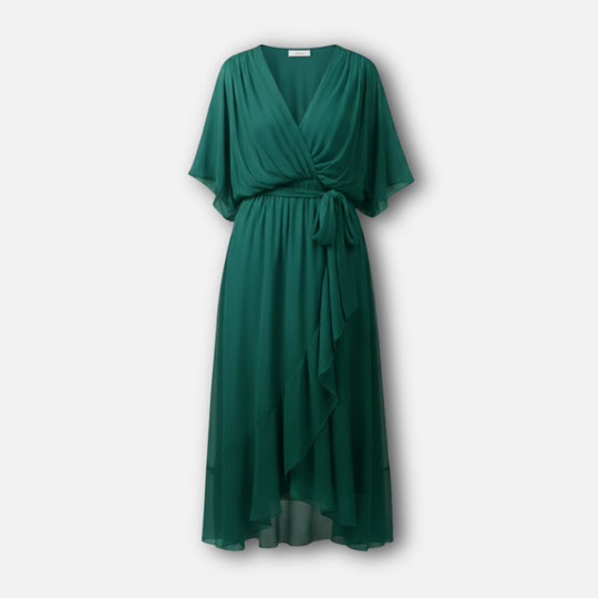 Fließendes Chiffon-Midi-Kleid mit V-Ausschnitt und Bindegürtel für Damen