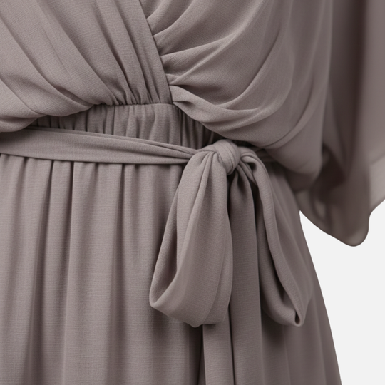 Fließendes Chiffon-Midi-Kleid mit V-Ausschnitt und Bindegürtel für Damen