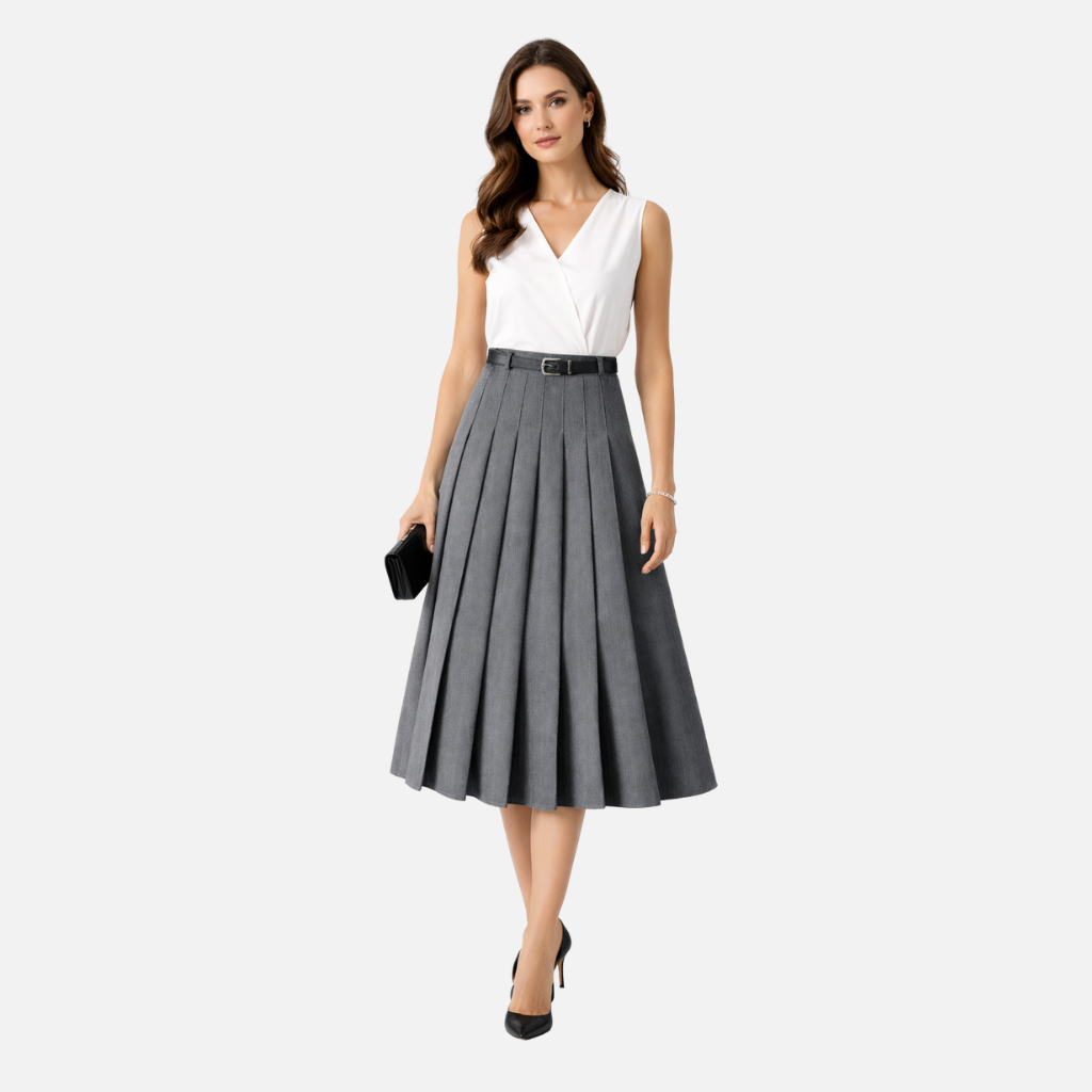 Damen Plissierte Midi-Rock mit verstellbarem Taillengürtel