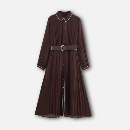 Damen Plissiertes Chiffon Midikleid mit Umlegekragen