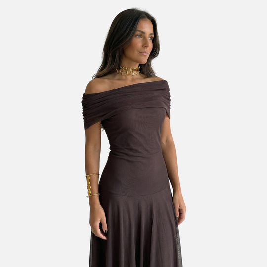 Damen-Maxikleid mit Chiffon-Overlay und geradem Ausschnitt