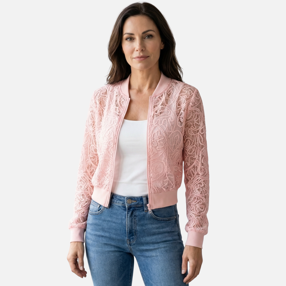 Damen-Netzjacke mit Spitzenstickerei – Leichter Cropped-Bomber