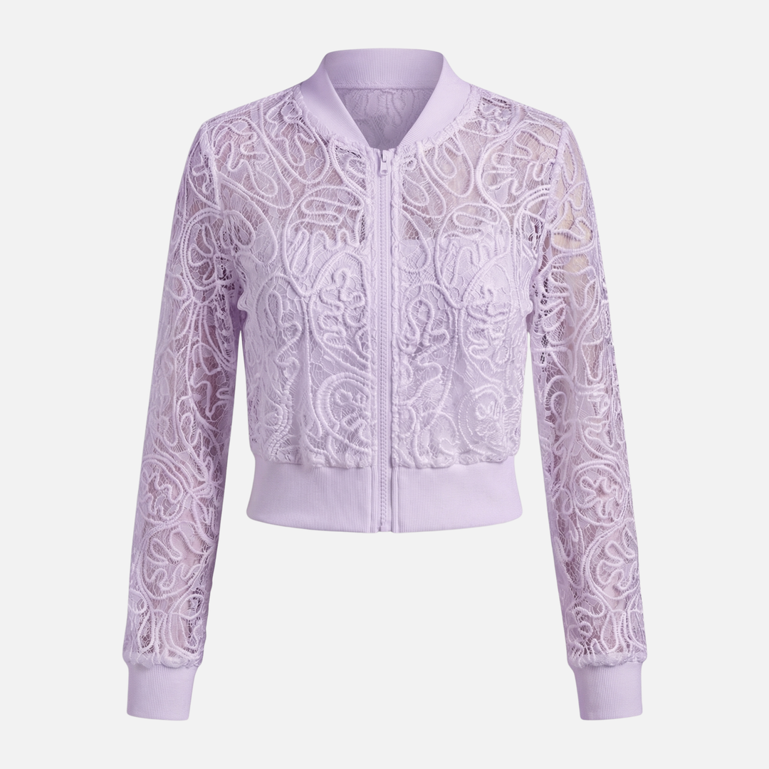 Damen-Netzjacke mit Spitzenstickerei – Leichter Cropped-Bomber