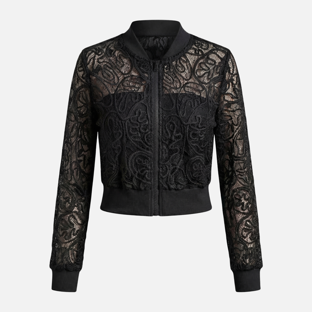 Damen-Netzjacke mit Spitzenstickerei – Leichter Cropped-Bomber