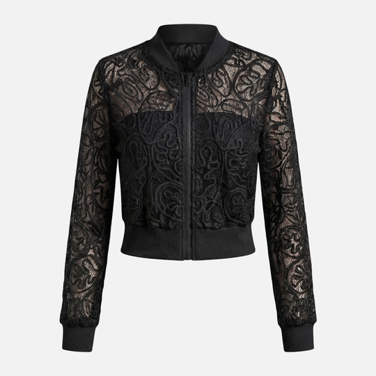 Damen-Netzjacke mit Spitzenstickerei – Leichter Cropped-Bomber