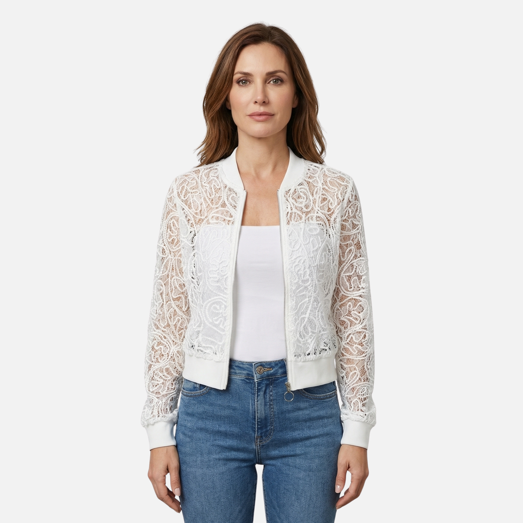 Damen-Netzjacke mit Spitzenstickerei – Leichter Cropped-Bomber