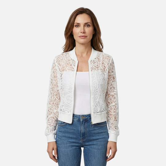 Damen-Netzjacke mit Spitzenstickerei – Leichter Cropped-Bomber