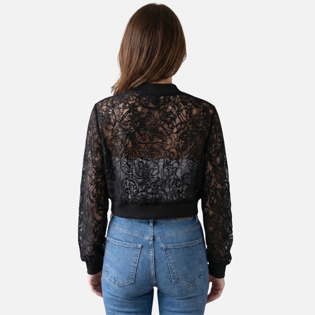 Damen-Netzjacke mit Spitzenstickerei – Leichter Cropped-Bomber