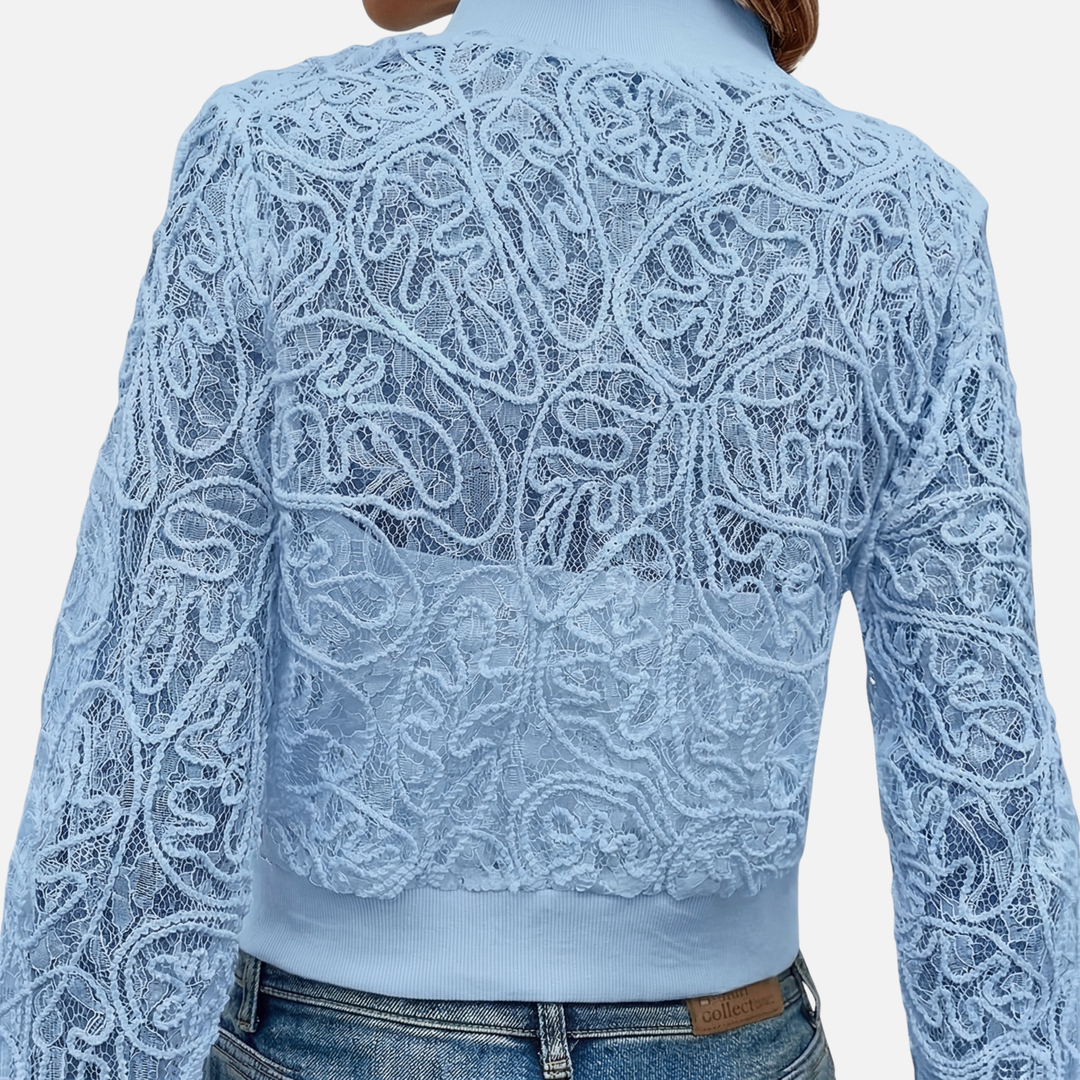 Damen-Netzjacke mit Spitzenstickerei – Leichter Cropped-Bomber