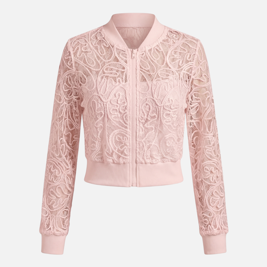 Damen-Netzjacke mit Spitzenstickerei – Leichter Cropped-Bomber