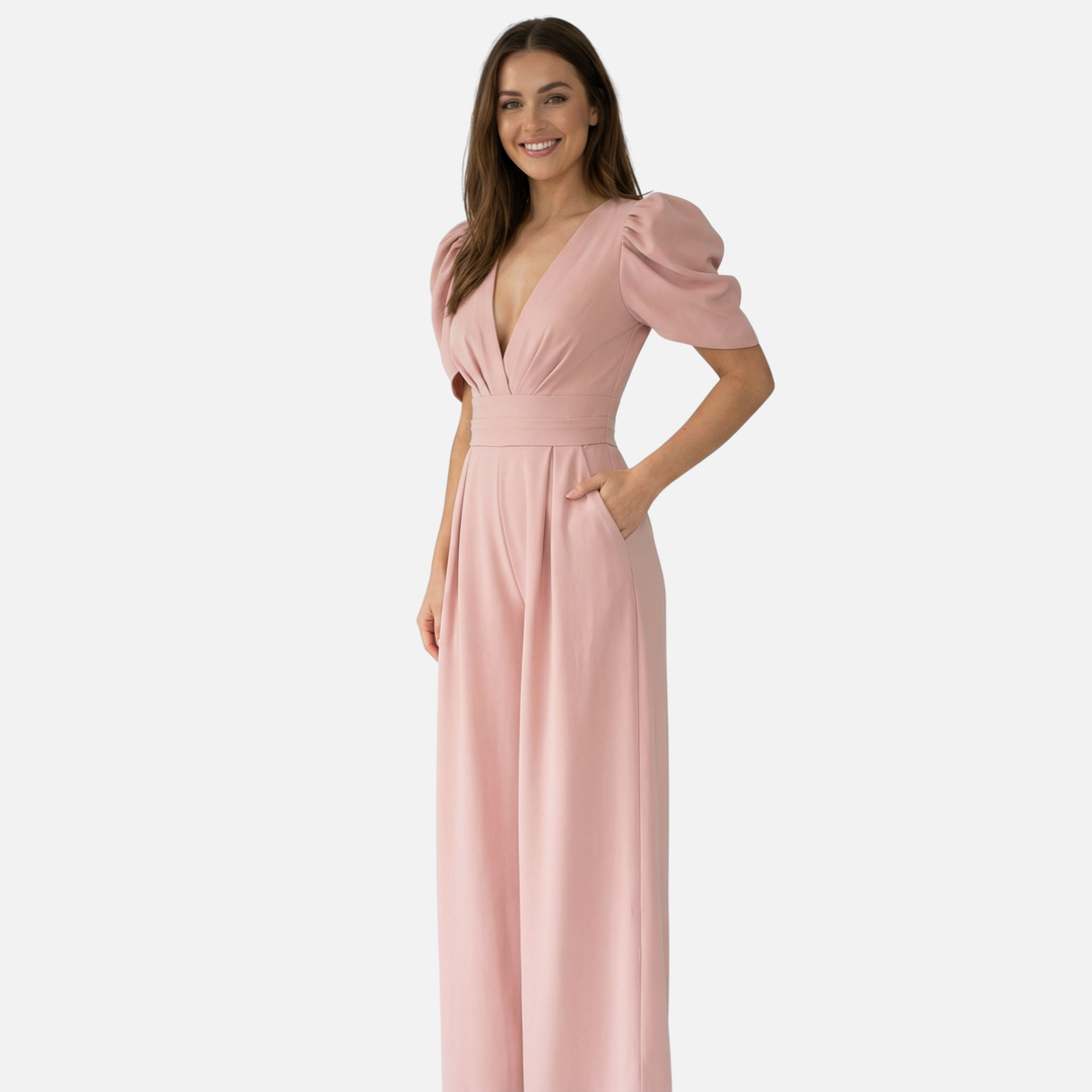 Damen V Ausschnitt Ganzkörper Jumpsuit mit Puffärmeln