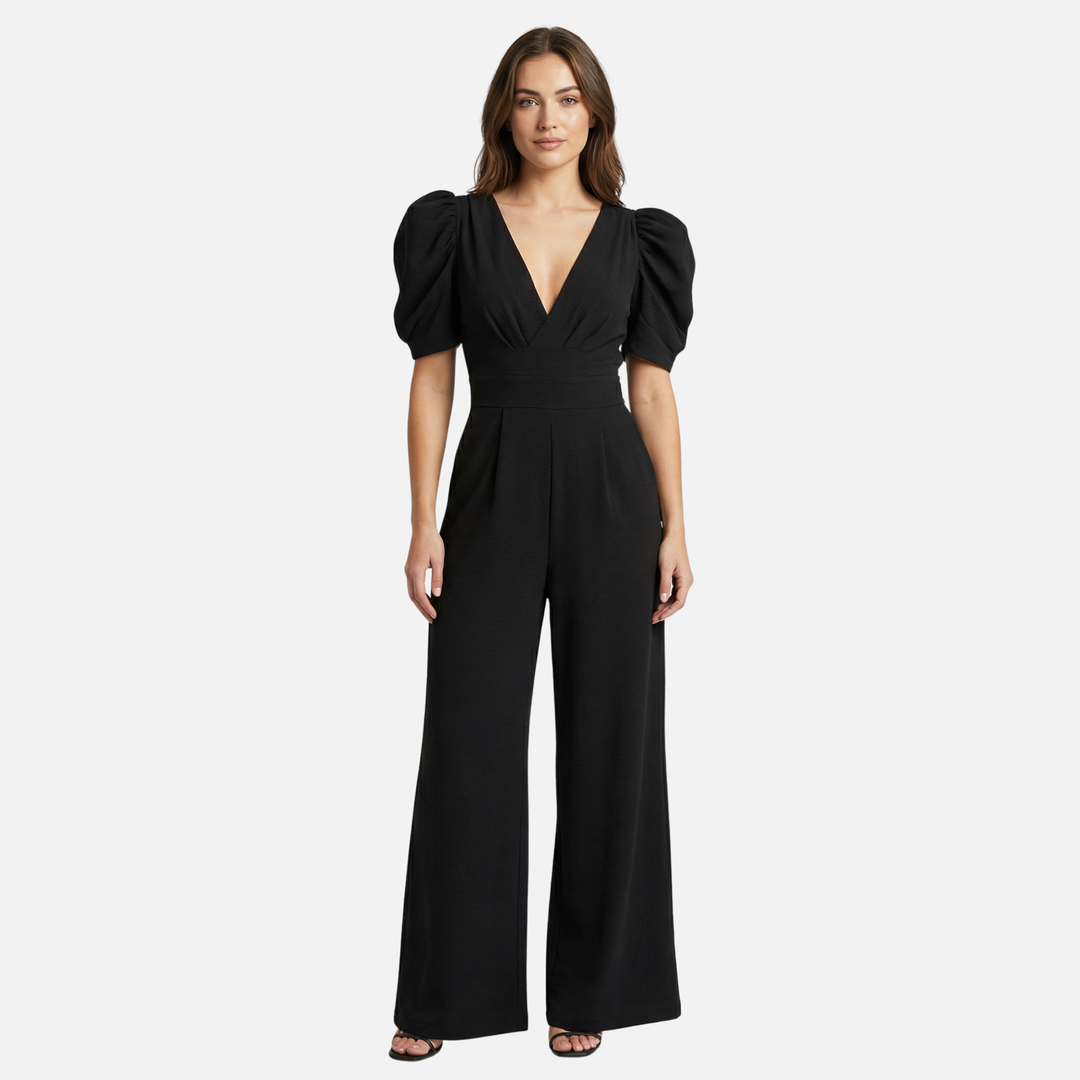 Damen V Ausschnitt Ganzkörper Jumpsuit mit Puffärmeln