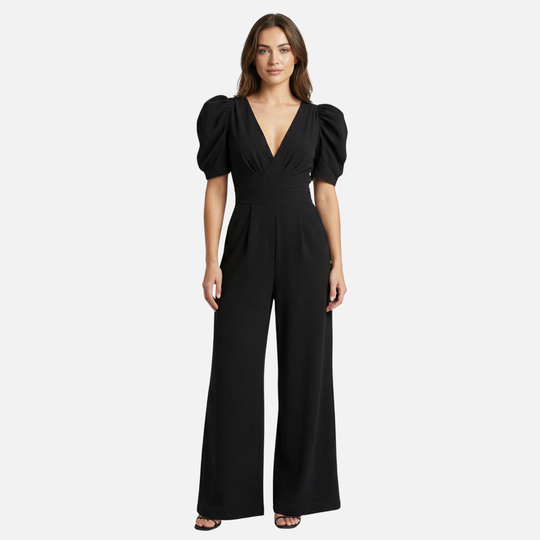 Damen V Ausschnitt Ganzkörper Jumpsuit mit Puffärmeln