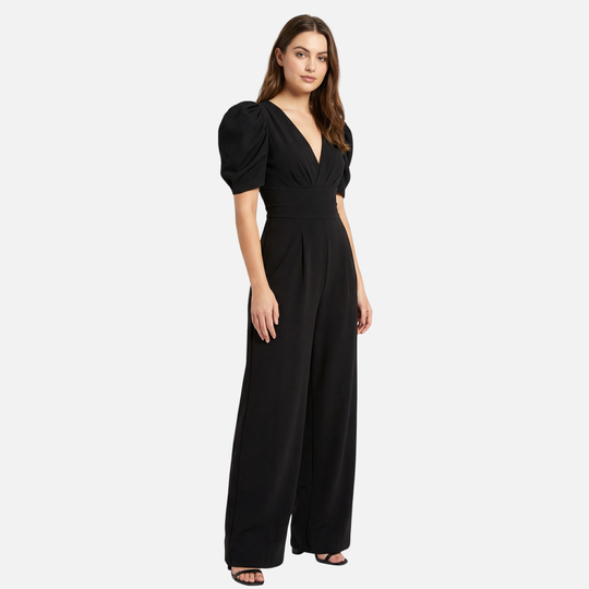 Damen V Ausschnitt Ganzkörper Jumpsuit mit Puffärmeln