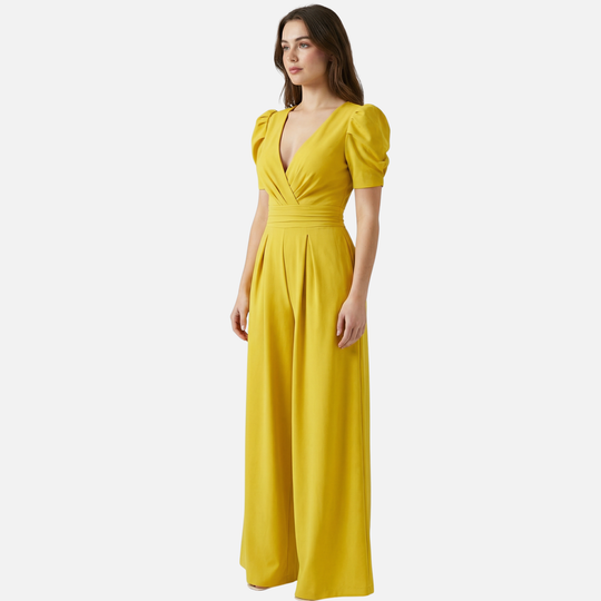 Damen V Ausschnitt Ganzkörper Jumpsuit mit Puffärmeln