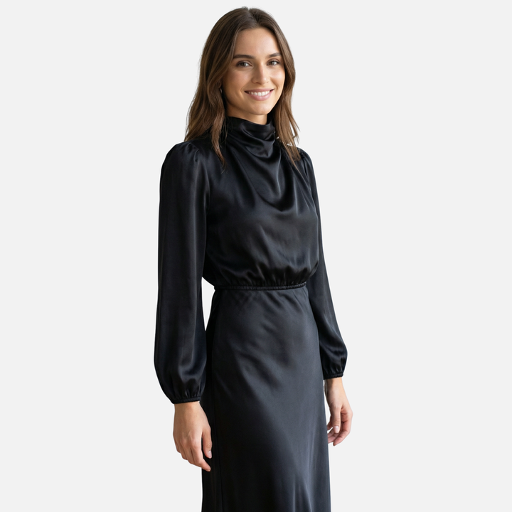 Elegancka sukienka midi z wysokim stanem i długimi rękawami dla kobiet