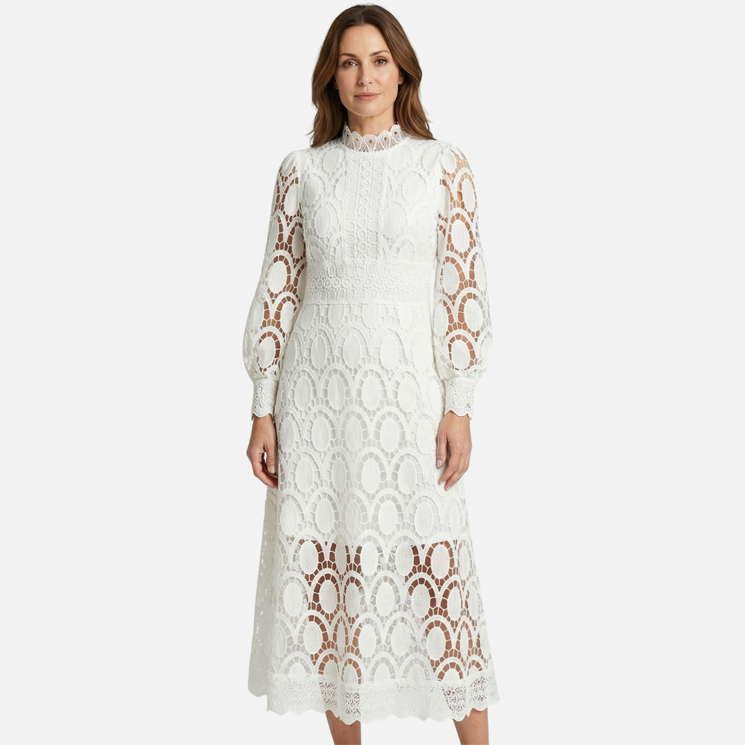 Elegant Lace Dress High Neck Midi A-Line Dress for Women