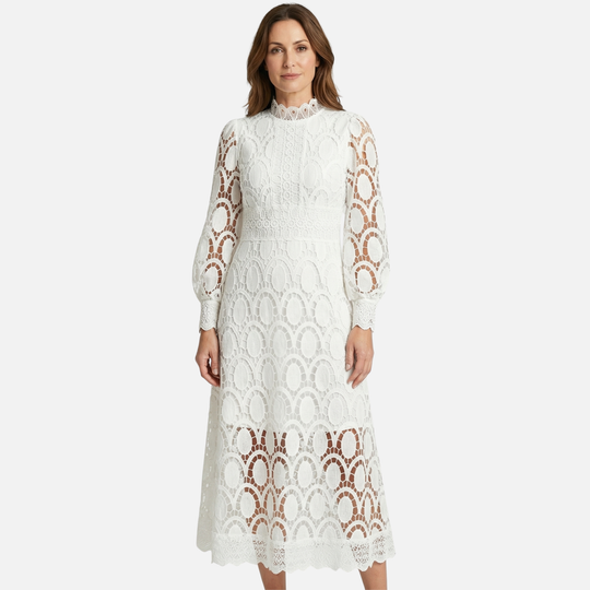 Elegant Lace Dress High Neck Midi A-Line Dress for Women