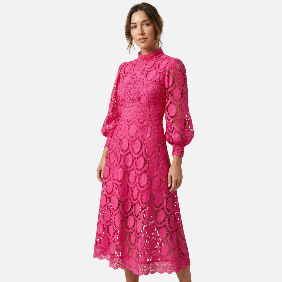 Elegant Lace Dress High Neck Midi A-Line Dress for Women