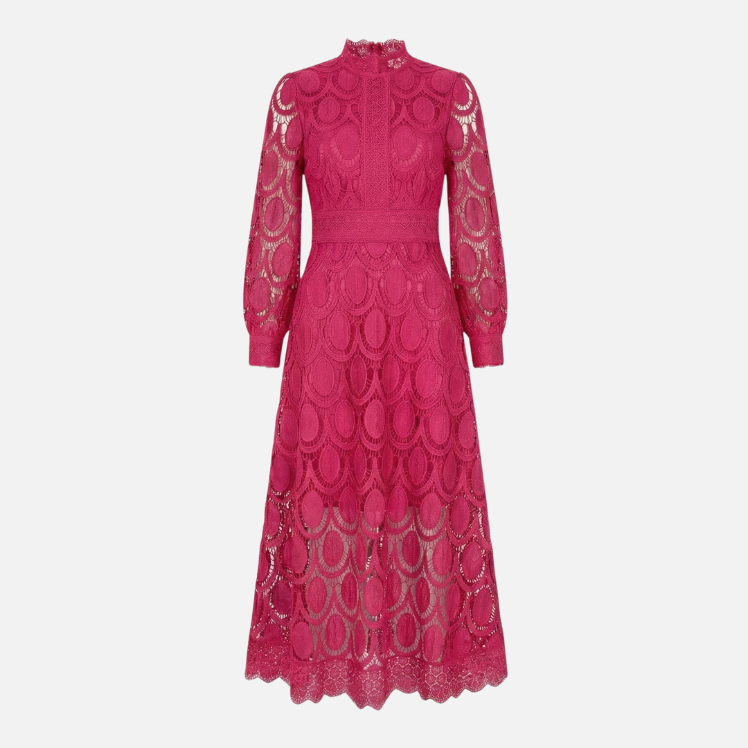 Elegant Lace Dress High Neck Midi A-Line Dress for Women