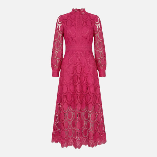 Elegant Lace Dress High Neck Midi A-Line Dress for Women