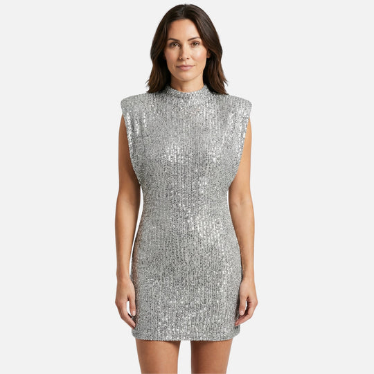 Eng anliegendes Pailletten-Minikleid Stehkragen für Damen