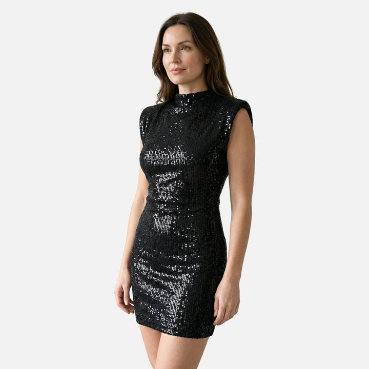 Eng anliegendes Pailletten-Minikleid Stehkragen für Damen