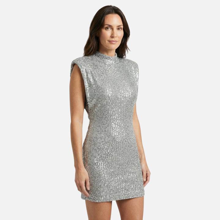 Eng anliegendes Pailletten-Minikleid Stehkragen für Damen