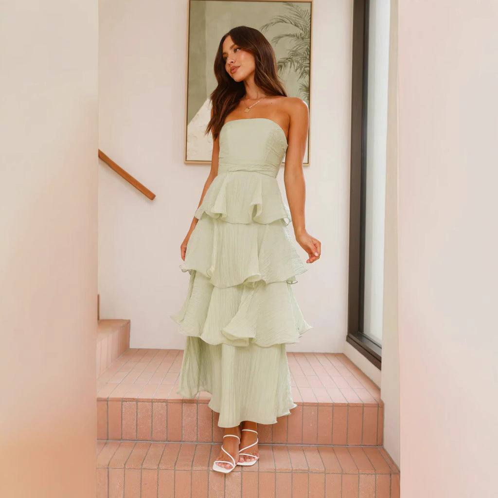 Festliches traegerloses gestuftes Maxikleid mit Rueschen fuer Damen 2