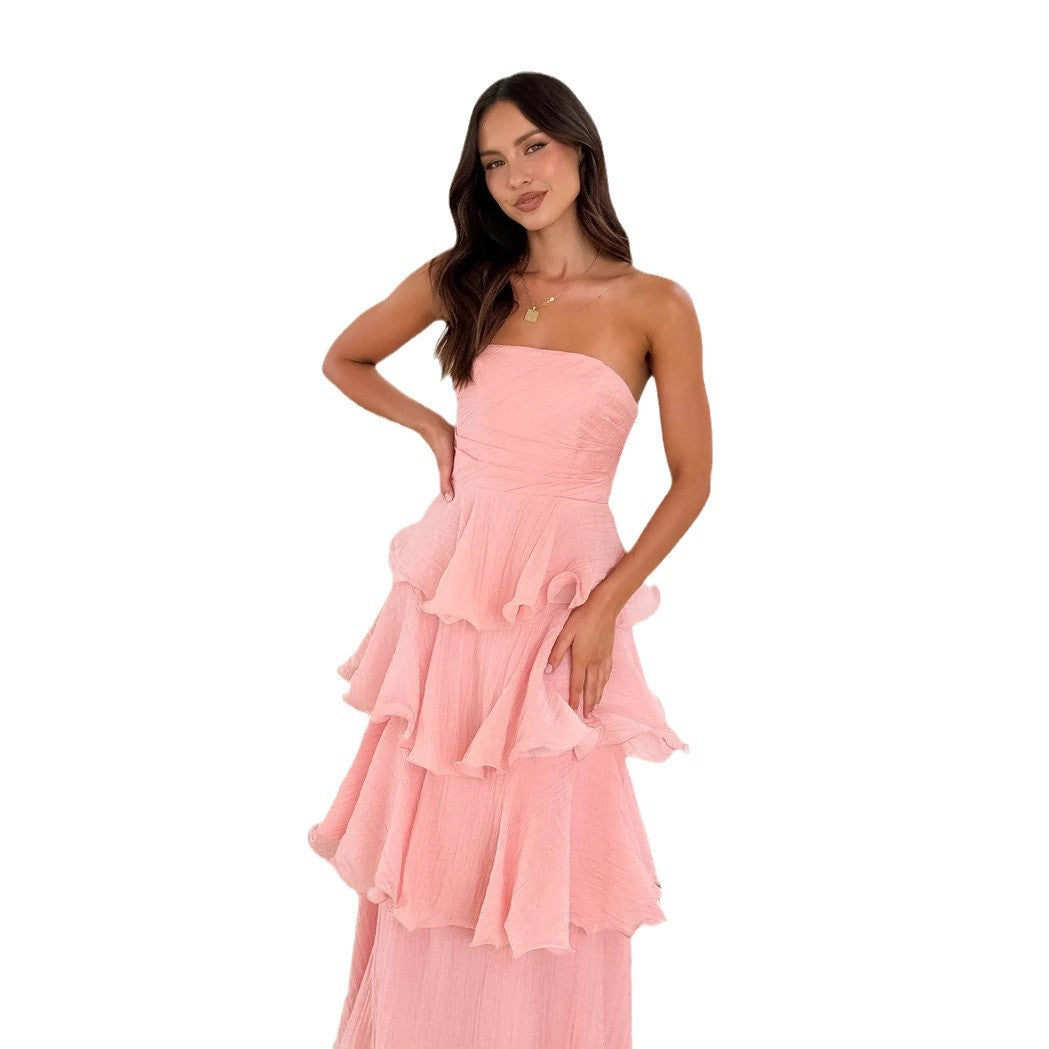 Festliches traegerloses gestuftes Maxikleid mit Rueschen fuer Damen 5