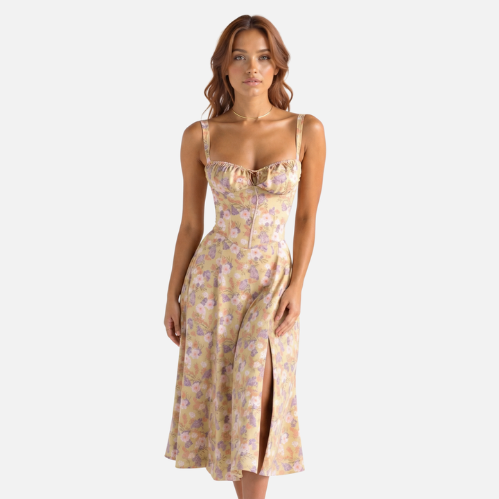 Elegant Corset Midi Dress with Side Slit for Women