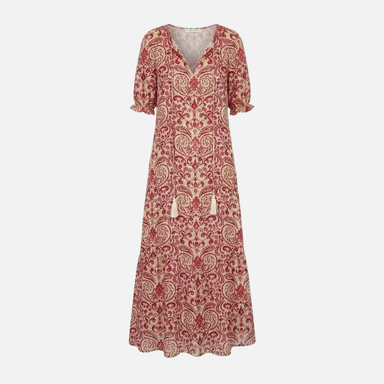 Flowy Midi Dress in Viscose Blend with V-Neck for Women