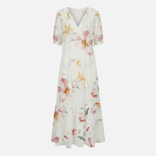 Flowy Midi Dress in Viscose Blend with V-Neck for Women