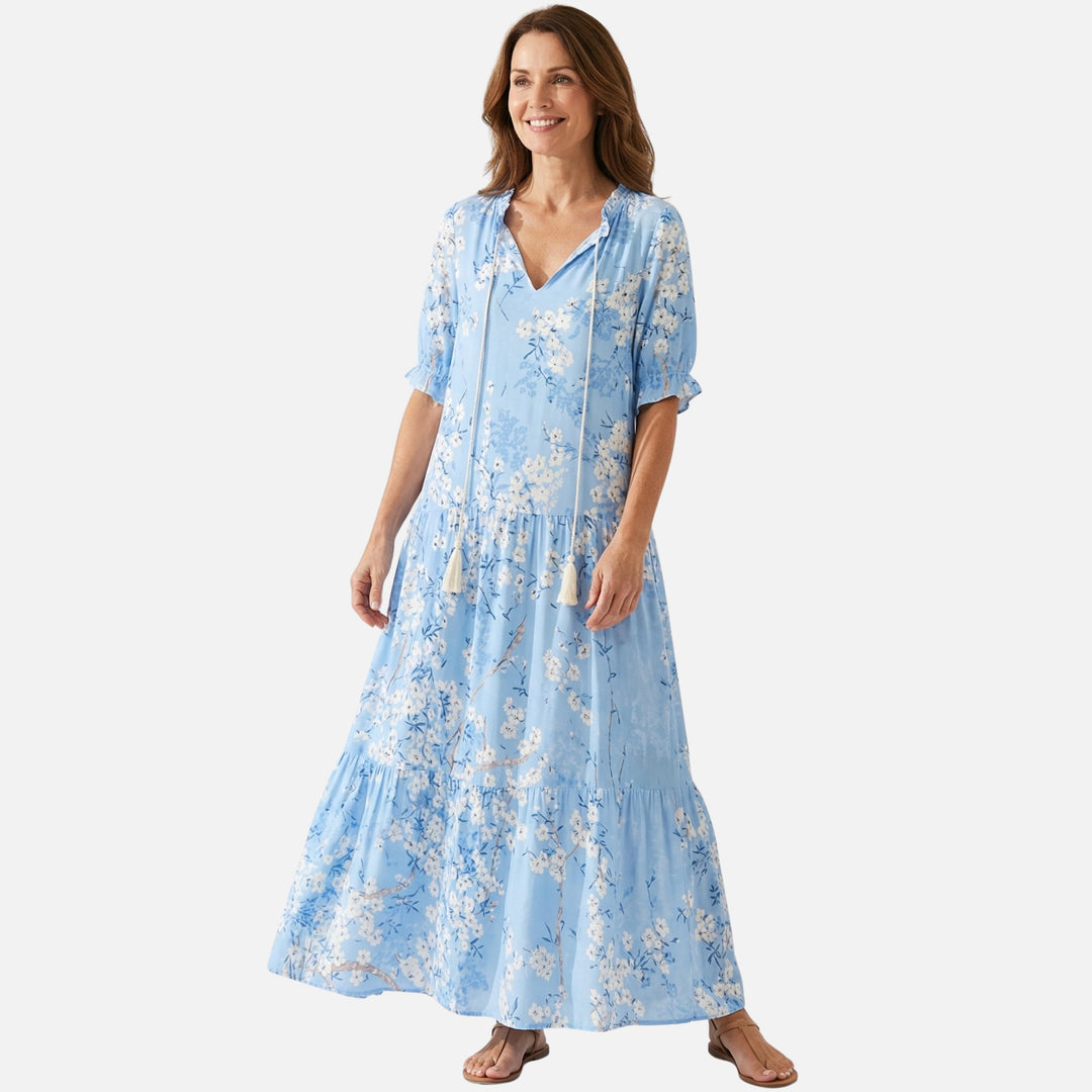 Flowy Midi Dress in Viscose Blend with V-Neck for Women