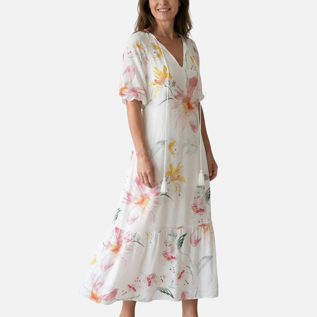 Flowy Midi Dress in Viscose Blend with V-Neck for Women