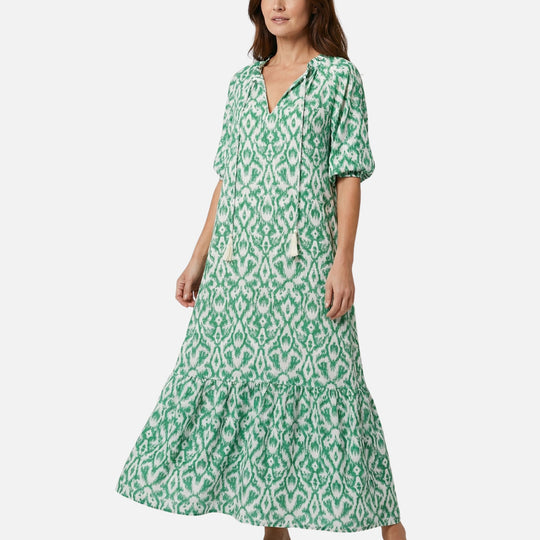 Flowy Midi Dress in Viscose Blend with V-Neck for Women