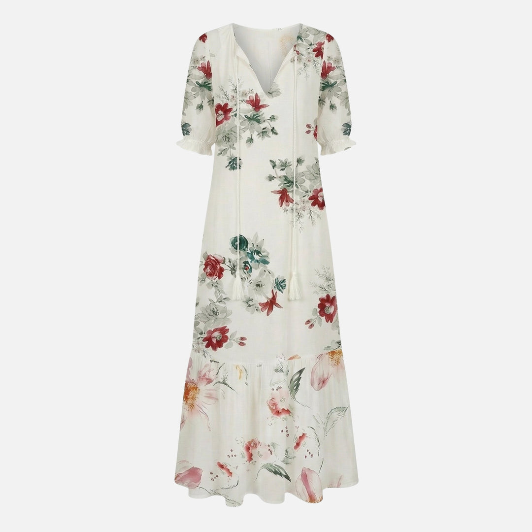 Flowy Midi Dress in Viscose Blend with V-Neck for Women