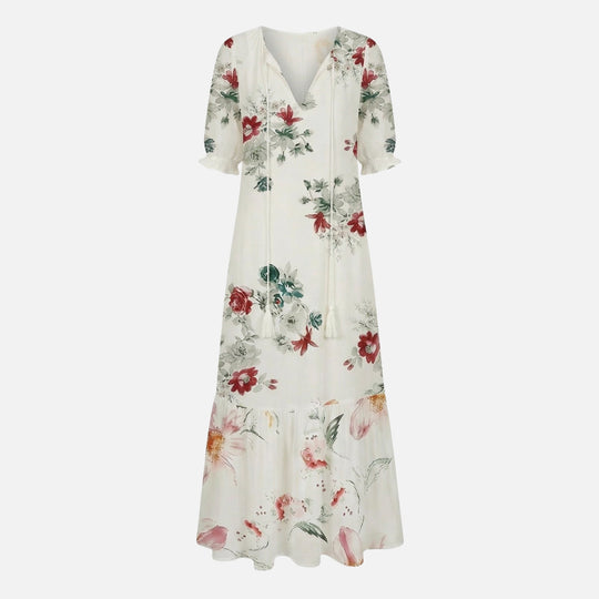 Flowy Midi Dress in Viscose Blend with V-Neck for Women