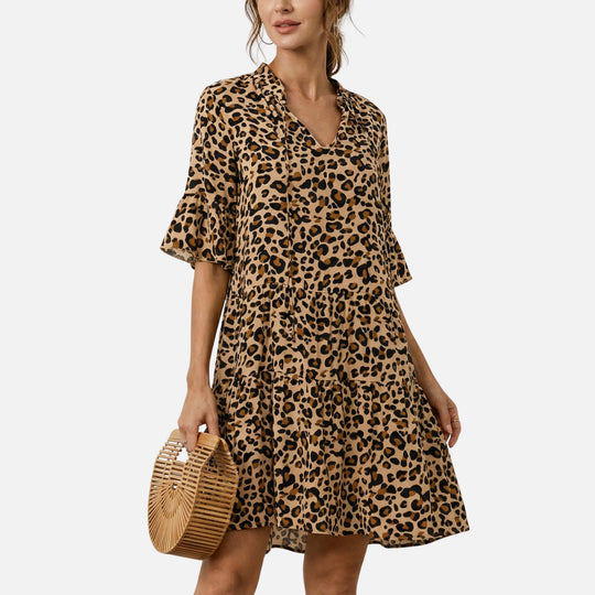 Fließendes Midikleid mit Leoparden-V-Ausschnitt für Damen