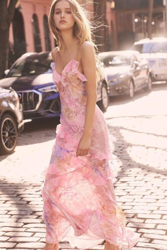Fließend Florales Rüschenkleid für Damen | Maxi