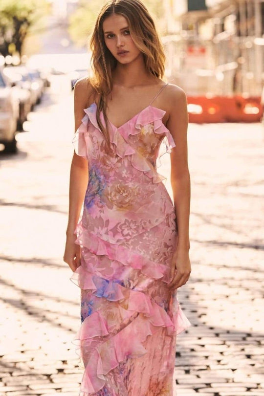 Fließend Florales Rüschenkleid für Damen | Maxi