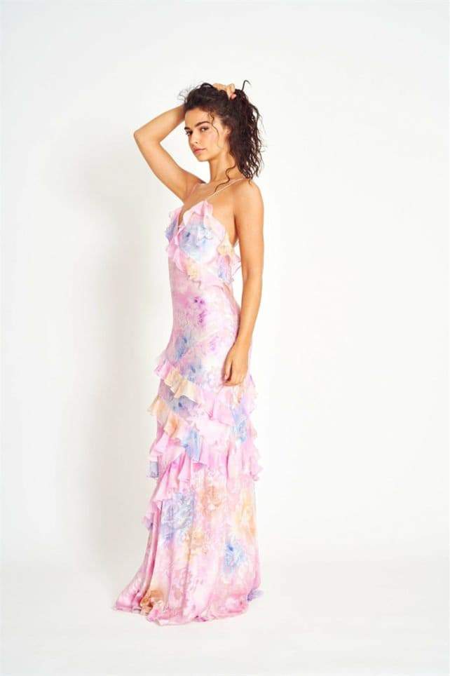 Fließend Florales Rüschenkleid für Damen | Maxi